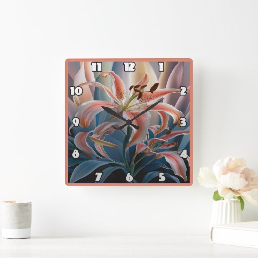 Lily bloeit tussen kleurrijke bladeren bij zonsond vierkante klok (Huis)