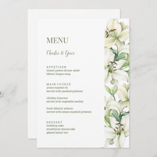 LILY Bloesem Elegantie Bruiloft Menu (Voorkant / Achterkant)