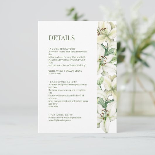 LILY Blossom Elegantie Bruiloft Details Informatiekaartje (Staand voorkant)