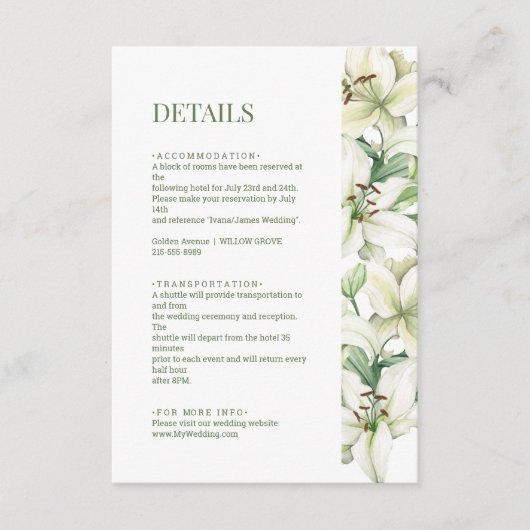 LILY Blossom Elegantie Bruiloft Details Informatiekaartje (Voorkant)