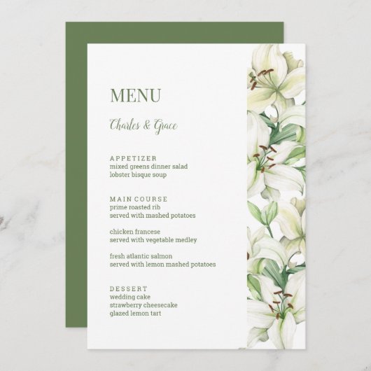 LILY Blossom Elegantie Bruiloft Menu (Voorkant / Achterkant)