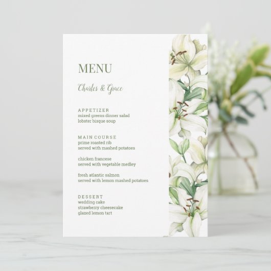 LILY Blossom Elegantie Bruiloft Menu (Staand voorkant)