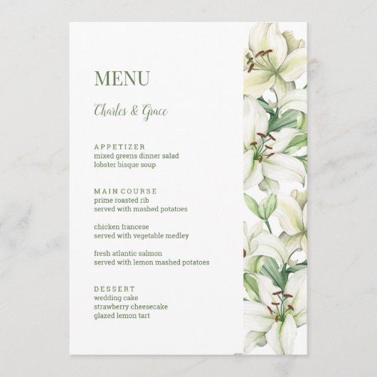LILY Blossom Elegantie Bruiloft Menu (Voorkant)
