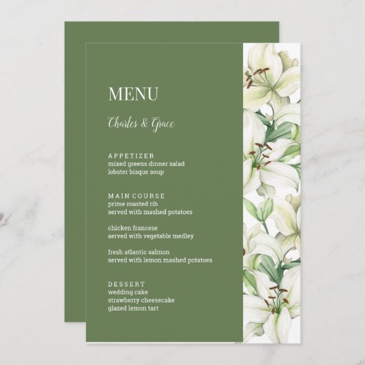 LILY Blossom Elegantie Bruiloft Menu (Voorkant / Achterkant)