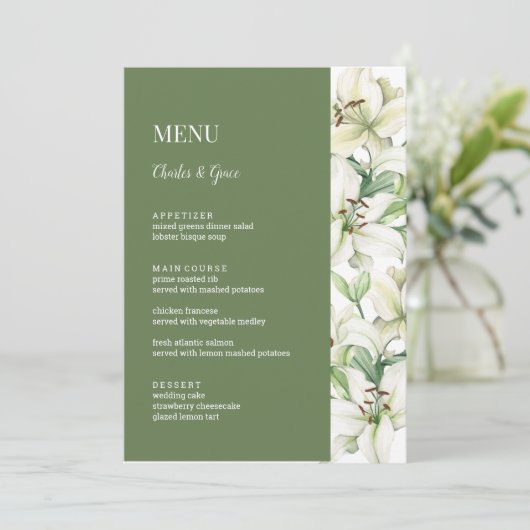LILY Blossom Elegantie Bruiloft Menu (Staand voorkant)