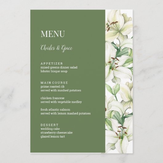 LILY Blossom Elegantie Bruiloft Menu (Voorkant)