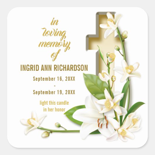 Lily Cross Funeral Memorial Vierkante Sticker (Voorkant)