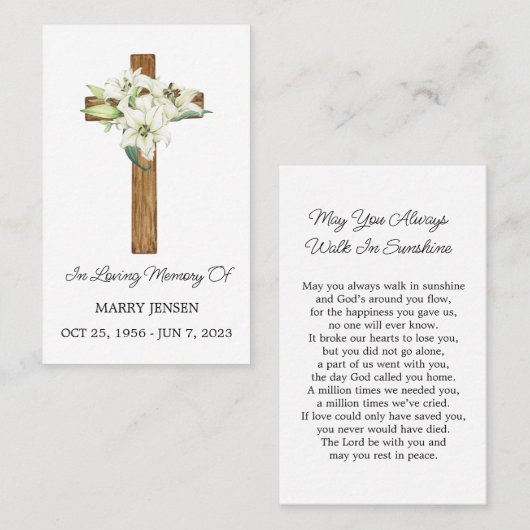Lily Cross Memorial Funeral Prayer Card Visitekaartje (Voorkant / Achterkant)