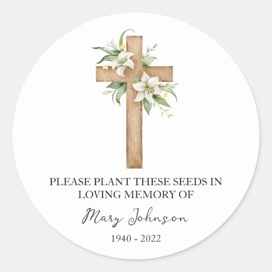 Lily & Cross Memorial Funeral Seed Packet Ronde Sticker (Voorkant)