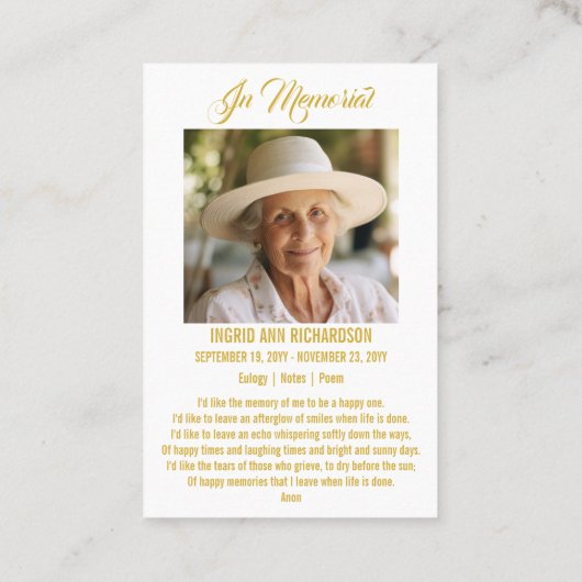 Lily Cross Scripting Foto Funeral Memorial Visitekaartje (Achterkant)