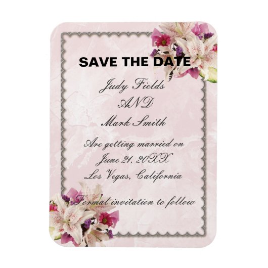 Lily Floral Pink Marble Wedding Save the Date Magneet (Verticaal)