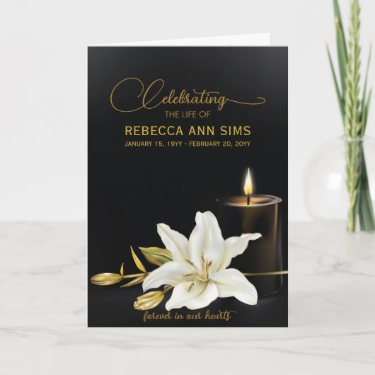 Lily Floral Zwart en Goud begrafenisprogramma (Voorkant)