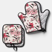 Lily Flower in leuke polka dots en strepen Ovenwant & Pannenlap Set (Voorkant / Achterkant)