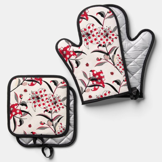 Lily Flower in leuke polka dots en strepen Ovenwant & Pannenlap Set (Voorkant / Achterkant)