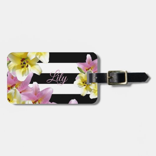 Lily Flowers Black en White Striped Pattern Bagagelabel (Voorkant horizontaal)