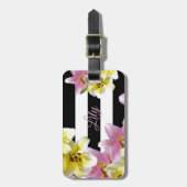 Lily Flowers Black en White Striped Pattern Bagagelabel (Voorkant verticaal)