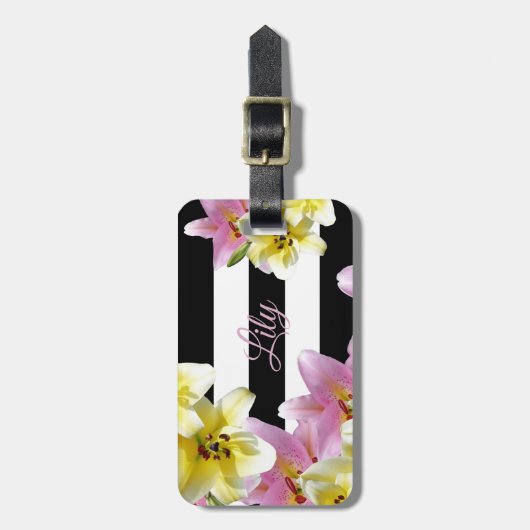 Lily Flowers Black en White Striped Pattern Bagagelabel (Voorkant verticaal)