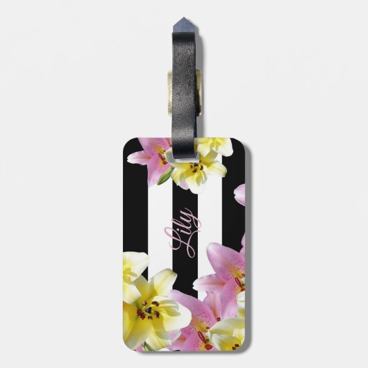 Lily Flowers Black en White Striped Pattern Bagagelabel (Achterkant verticaal)