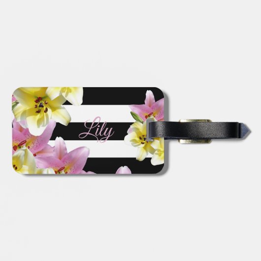 Lily Flowers Black en White Striped Pattern Bagagelabel (Achterkant horizontaal)