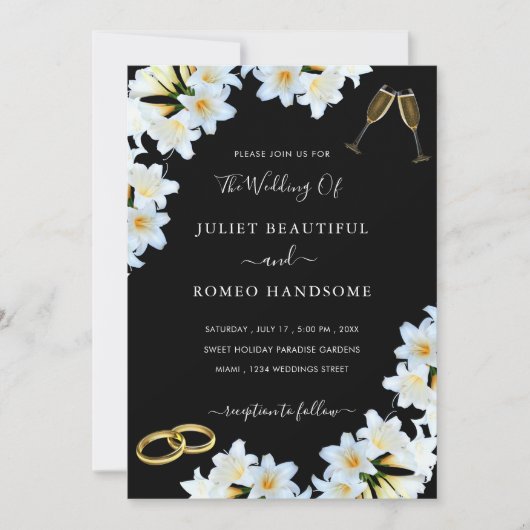 Lily Flowers Black White Modern Wedding Invitation (Voorkant)