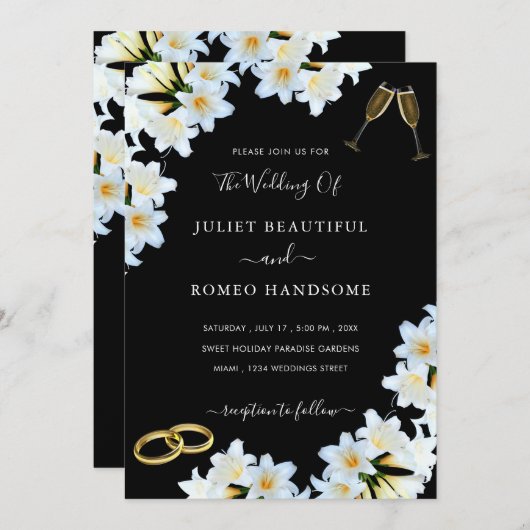 Lily Flowers Black White Modern Wedding Invitation (Voorkant / Achterkant)