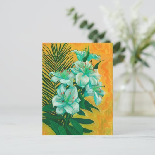 Lily Flowers Palm Leaf, Spring Floral Art Painting Briefkaart (Staand voorkant)