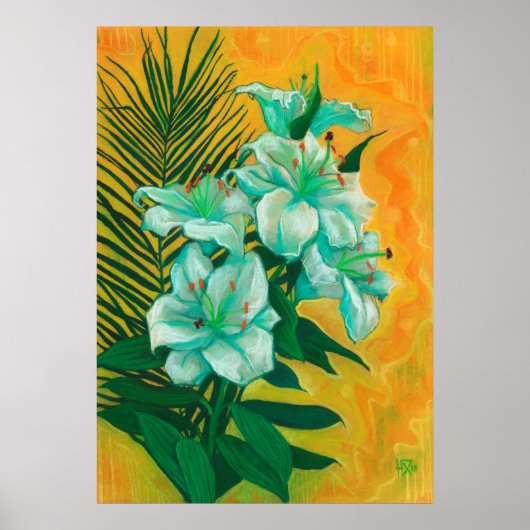 Lily Flowers Palm Leaf, Spring Floral Art Painting Poster (Voorkant)