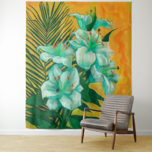 Lily Flowers Palm Leaf, Spring Floral Art Painting Wandkleed