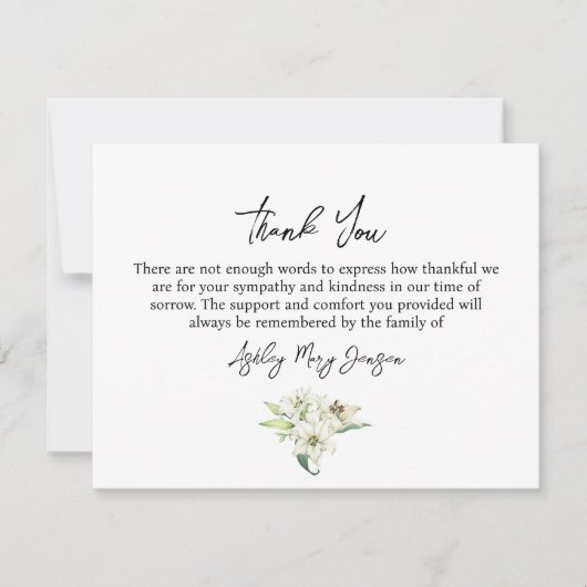 Lily Funeral Thank You Note Card Bereavement Bedankkaart (Voorkant)
