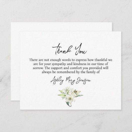 Lily Funeral Thank You Note Card Bereavement Bedankkaart (Voorkant / Achterkant)