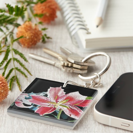 Lily Lillies Waterverf flower Key Ring Sleutelhanger (Voorkant Rechts)