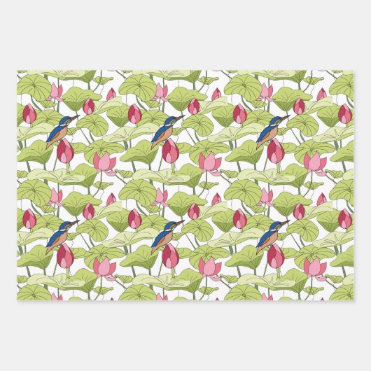Lily lotus planten met groene spatronen inpakpapier vel (Voorkant 3)
