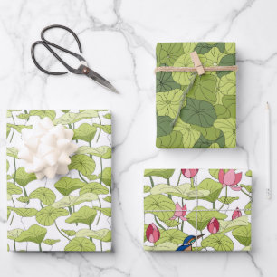 Lily lotus planten met groene spatronen inpakpapier vel
