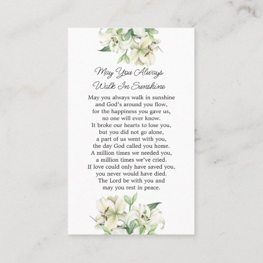Lily Memorial Photo Funeral Prayer Card Visitekaartje (Achterkant)