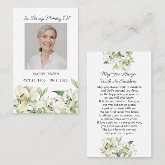 Lily Memorial Photo Funeral Prayer Card Visitekaartje (Voorkant / Achterkant)