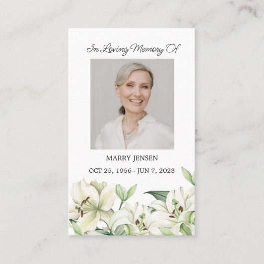 Lily Memorial Photo Funeral Prayer Card Visitekaartje (Voorkant)