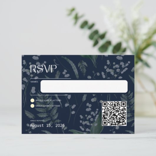 Lily of the Valley Dark Blue Response-Kaart RSVP Kaartje (Staand voorkant)