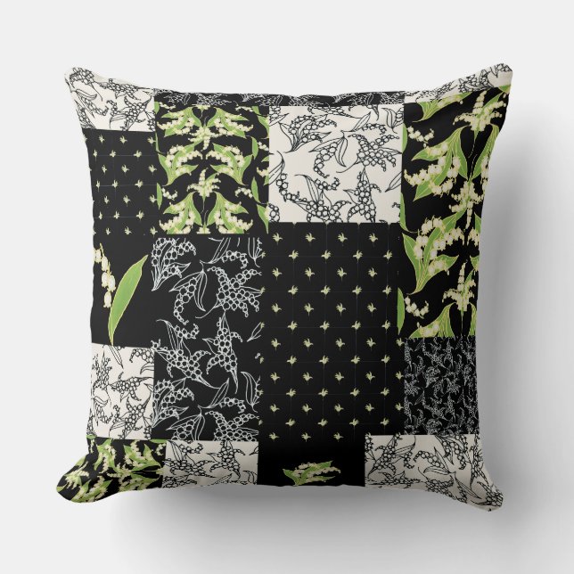 Lily-of-the-Valley Faux Patchwork op Black Kussen (Voorkant)