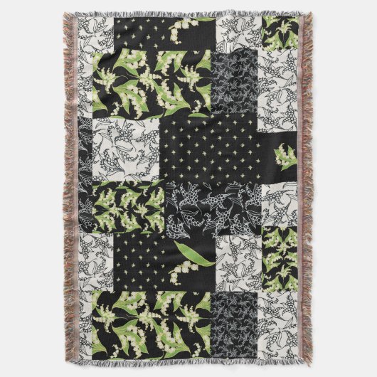 Lily-of-the-Valley Faux Patchwork Zwart Deken (Voorkant Verticaal)