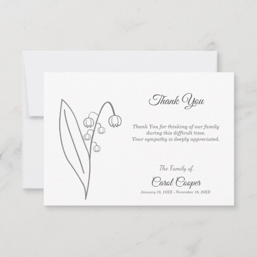Lily of the Valley Line Art begrafenis Dank u kaar Bedankkaart (Voorkant)