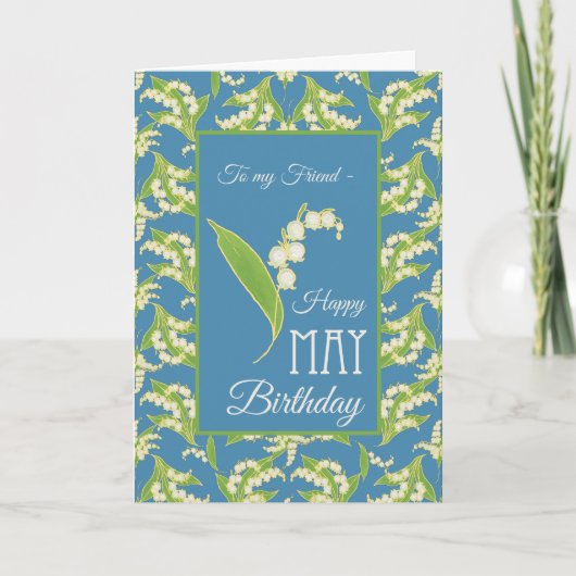 Lily-of-the-Valley May Birthday Card, Blue: vriend Kaart (Voorkant)
