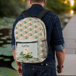 Lily Pad Lotus Bloem Roze en Sage Groen Monogram Bedrukte Rugzak