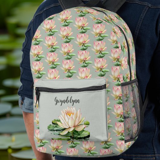 Lily Pad Lotus Bloem Roze en Sage Groen Monogram Bedrukte Rugzak