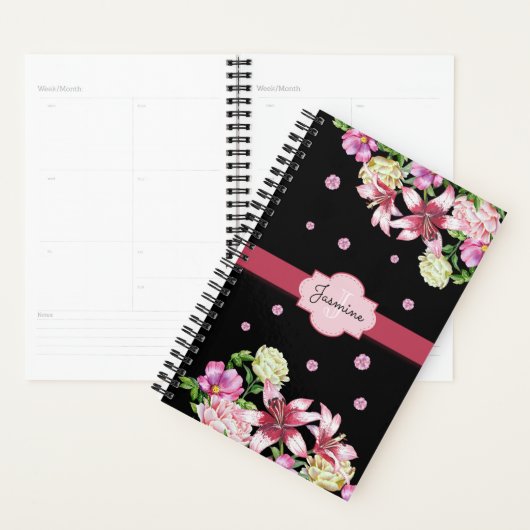 Lily & Peony Floral Zwart gepersonaliseerd Planner (Display)