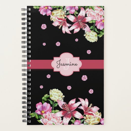 Lily & Peony Floral Zwart gepersonaliseerd Planner (Voorkant)