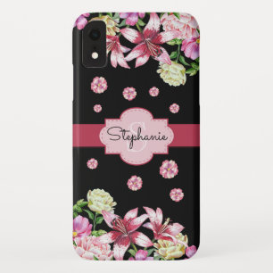 Lily Peony Waterverf Bloemen Zwart Monogram Case-Mate iPhone Case