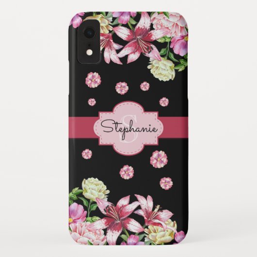 Lily Peony Waterverf Bloemen Zwart Monogram Case-Mate iPhone Case (Achterkant)