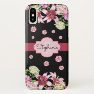 Lily Peony Waterverf Bloemen Zwart Monogram Case-Mate iPhone Case