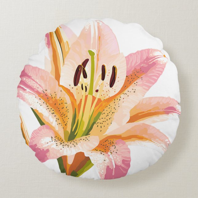 Lily Pink Flower | Mooie verf Rond Kussen (Voorkant)