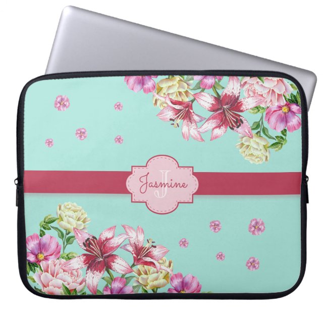 Lily & Pioen Bloemen Aqua Laptop Sleeve (Voorkant)